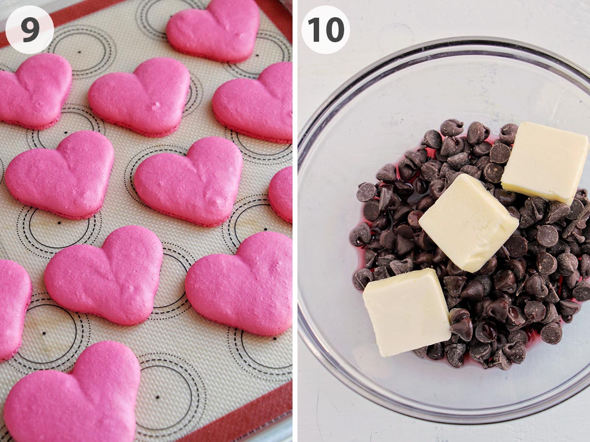 two numbered photos showing baked macarons and chocolate ganache.