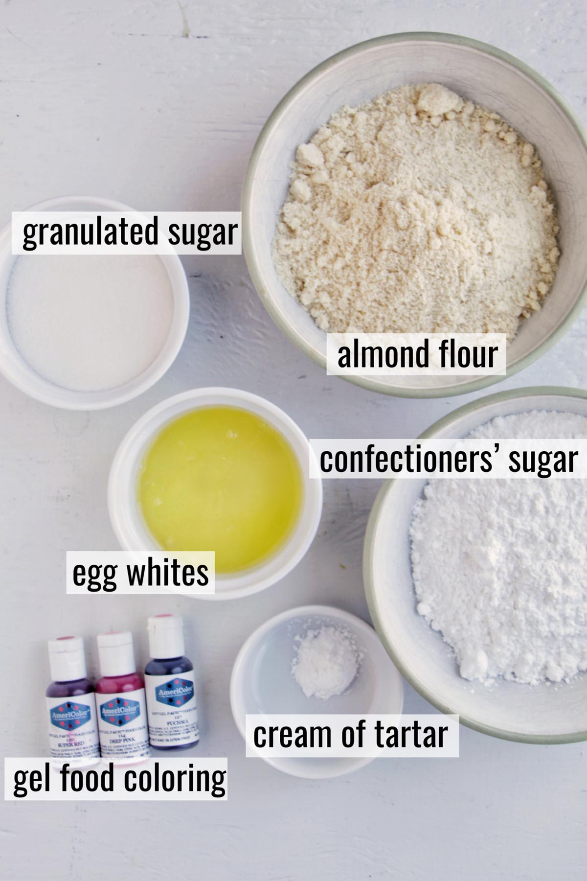 macaron shell ingredients with labels.