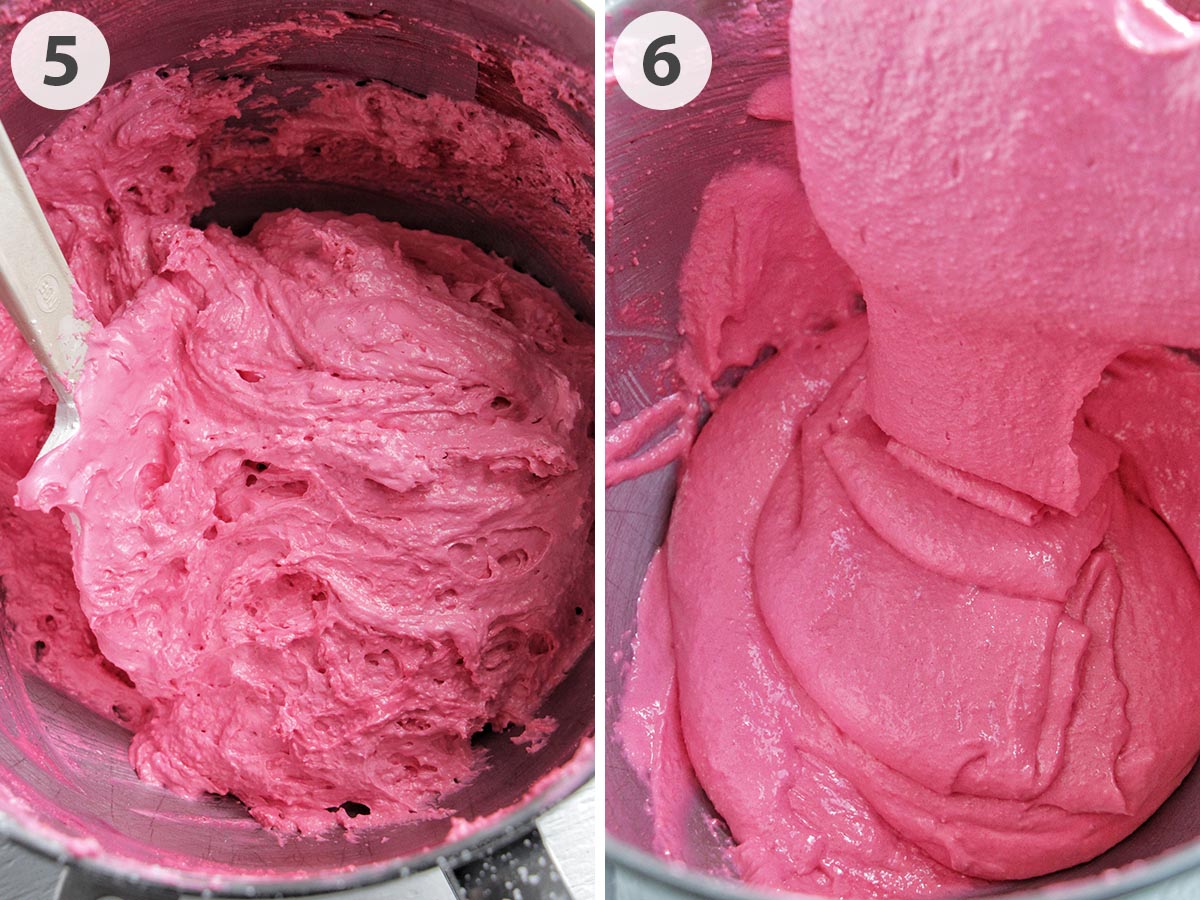 two numbered photos showing how to macaronage macaron batter.