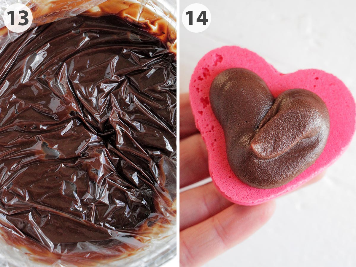 two numbered photos showing finished ganache with piped ganache.