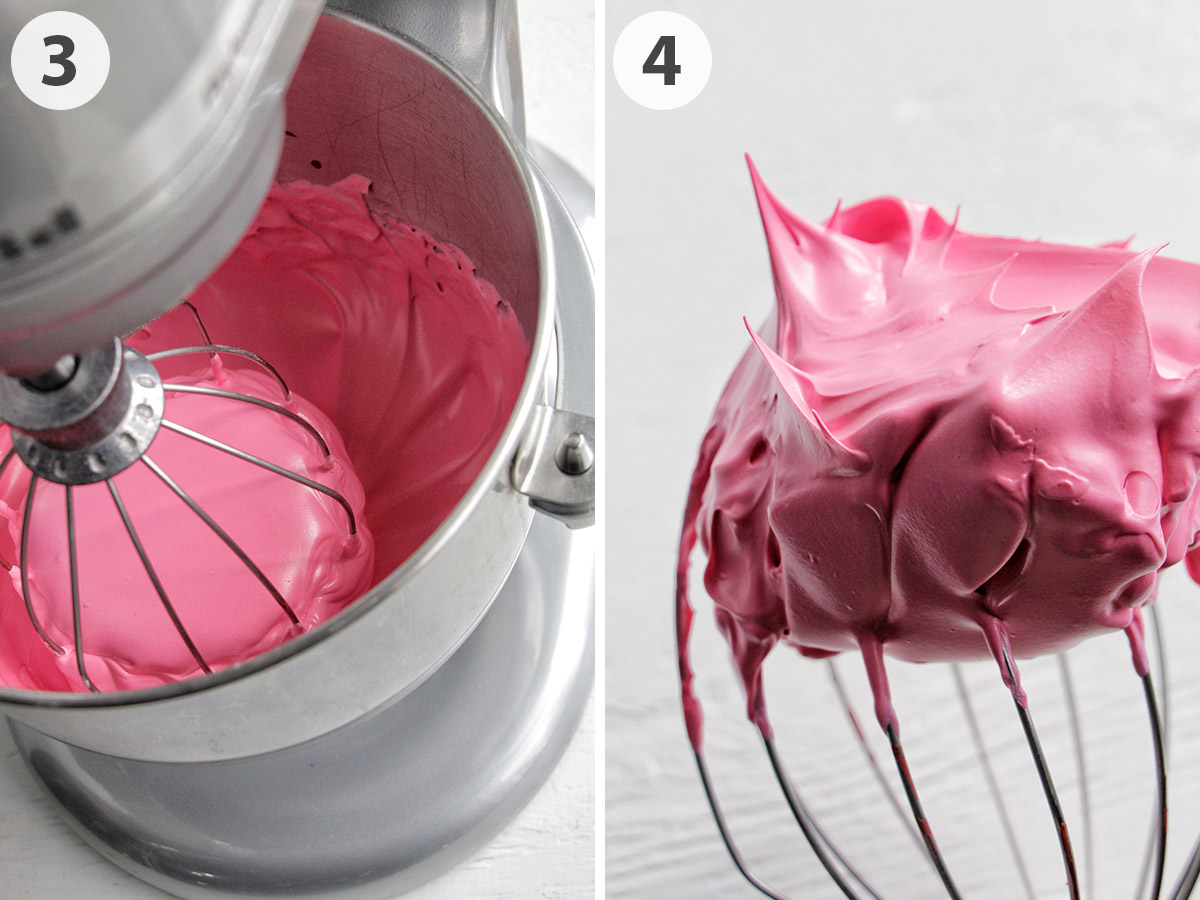 two numbered photos showing how to whip meringue to stiff peaks.