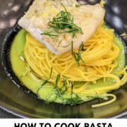 sole fish on pea puree angel hair pasta with text overlay.