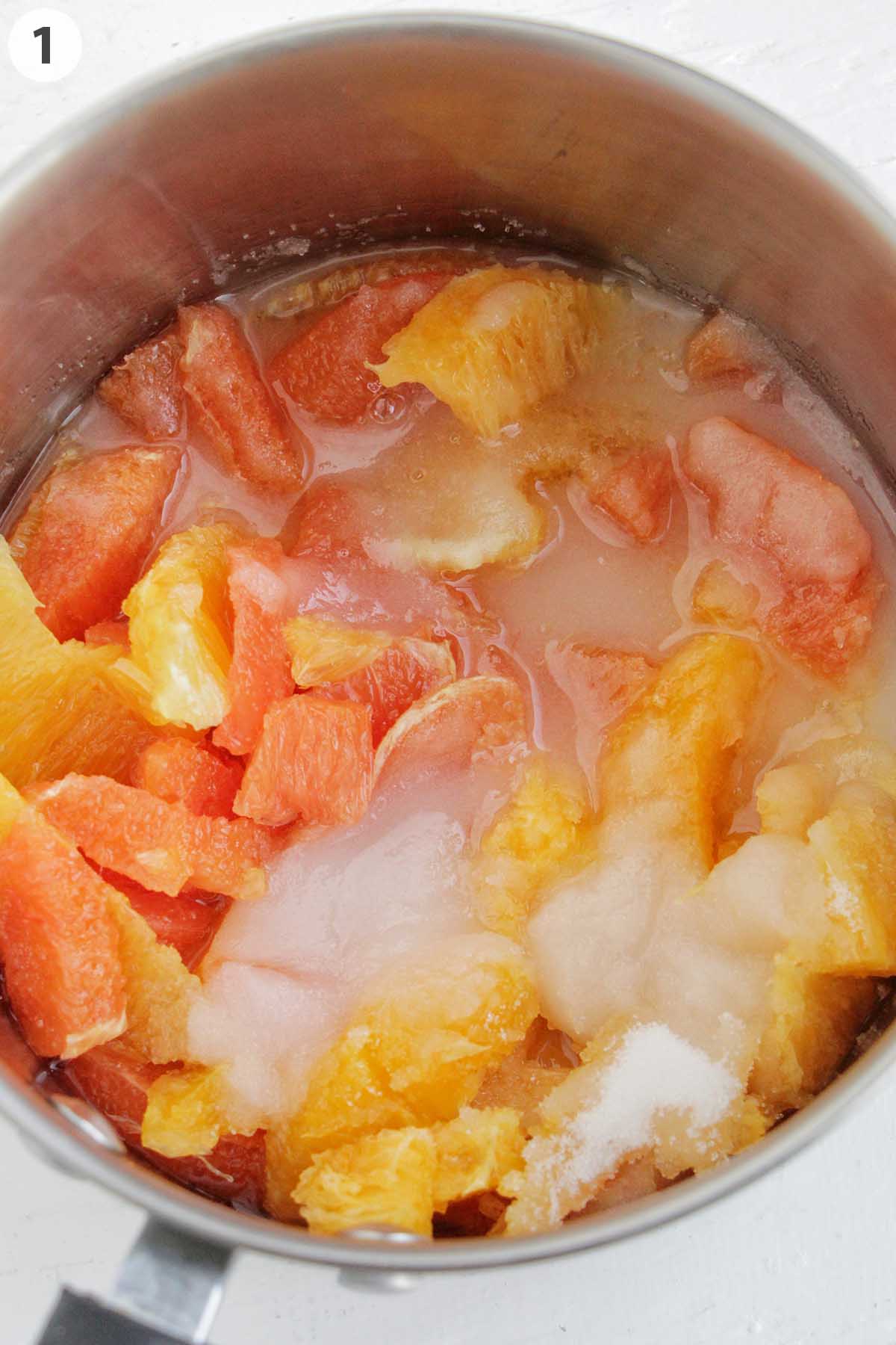 numbered photo with pot with oranges and sugar.