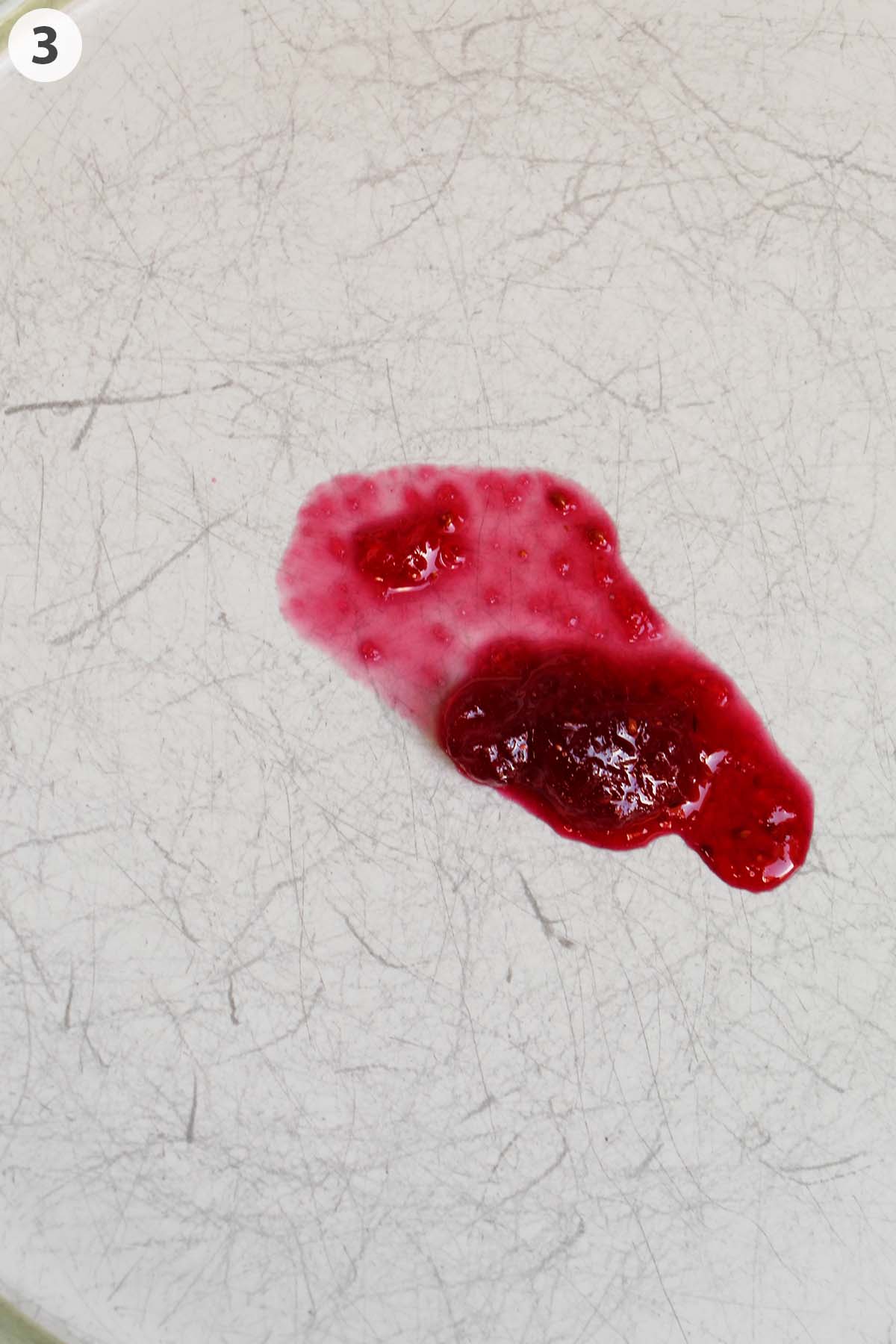 numbered photo showing cold plate test with cranberry jam.