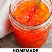 orange jam in a jar with text overlay.