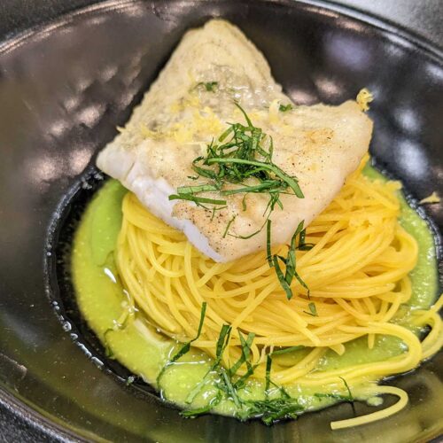 sole fish on pea puree angel hair pasta.
