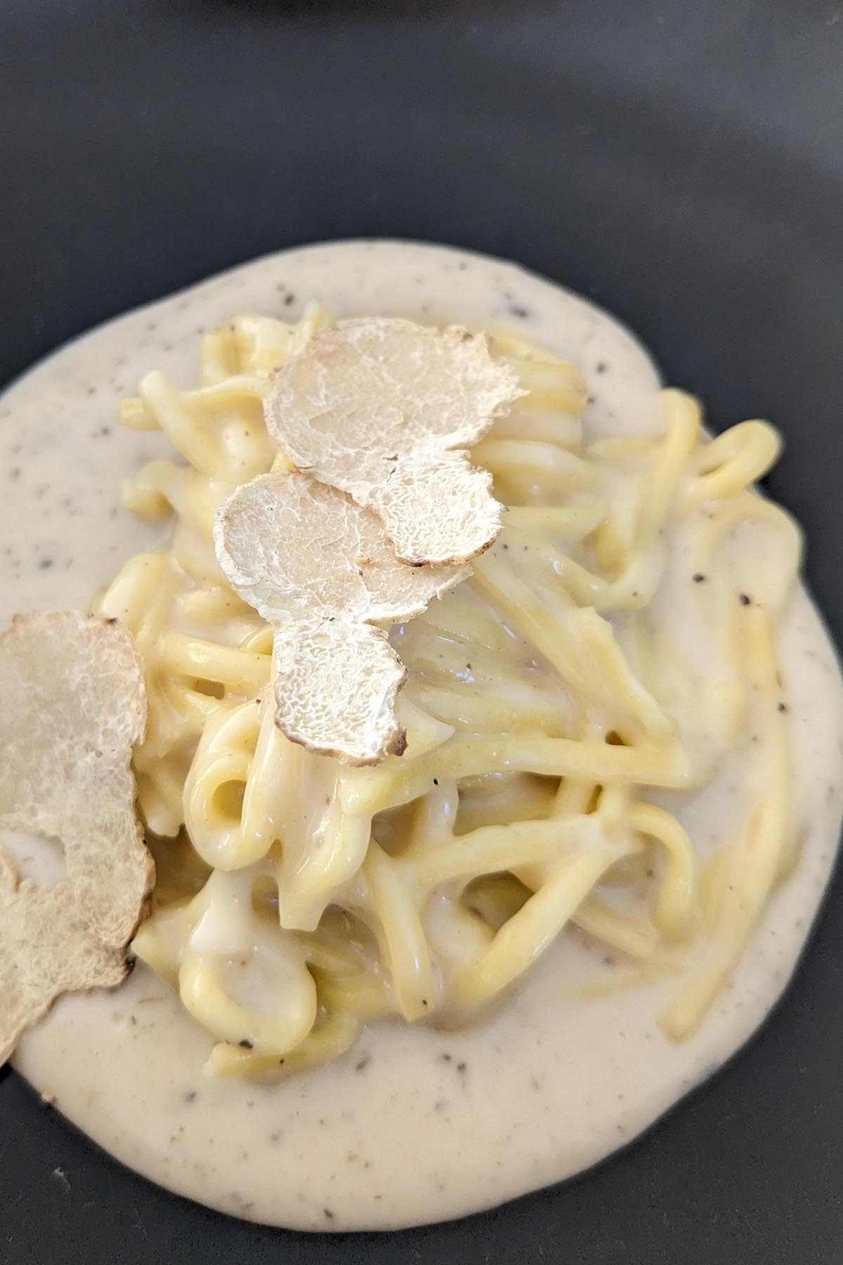 white truffle pasta in black bowl.