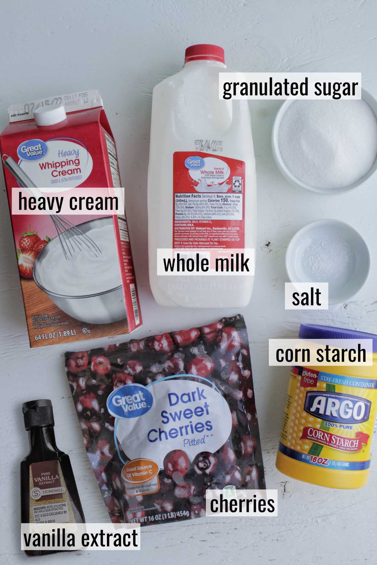 black cherry ice cream ingredients with labels.