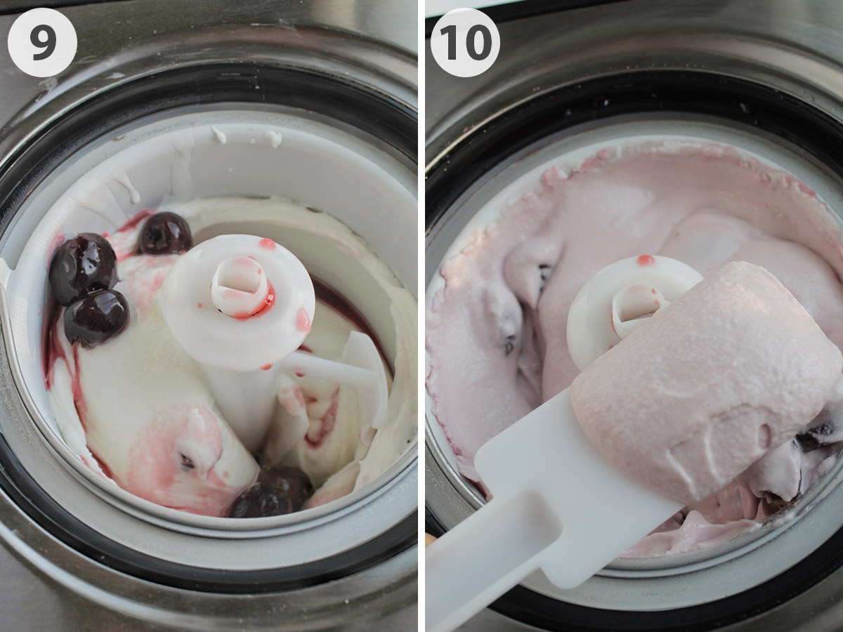 two numbered photos showing churning the ice cream with cherries.