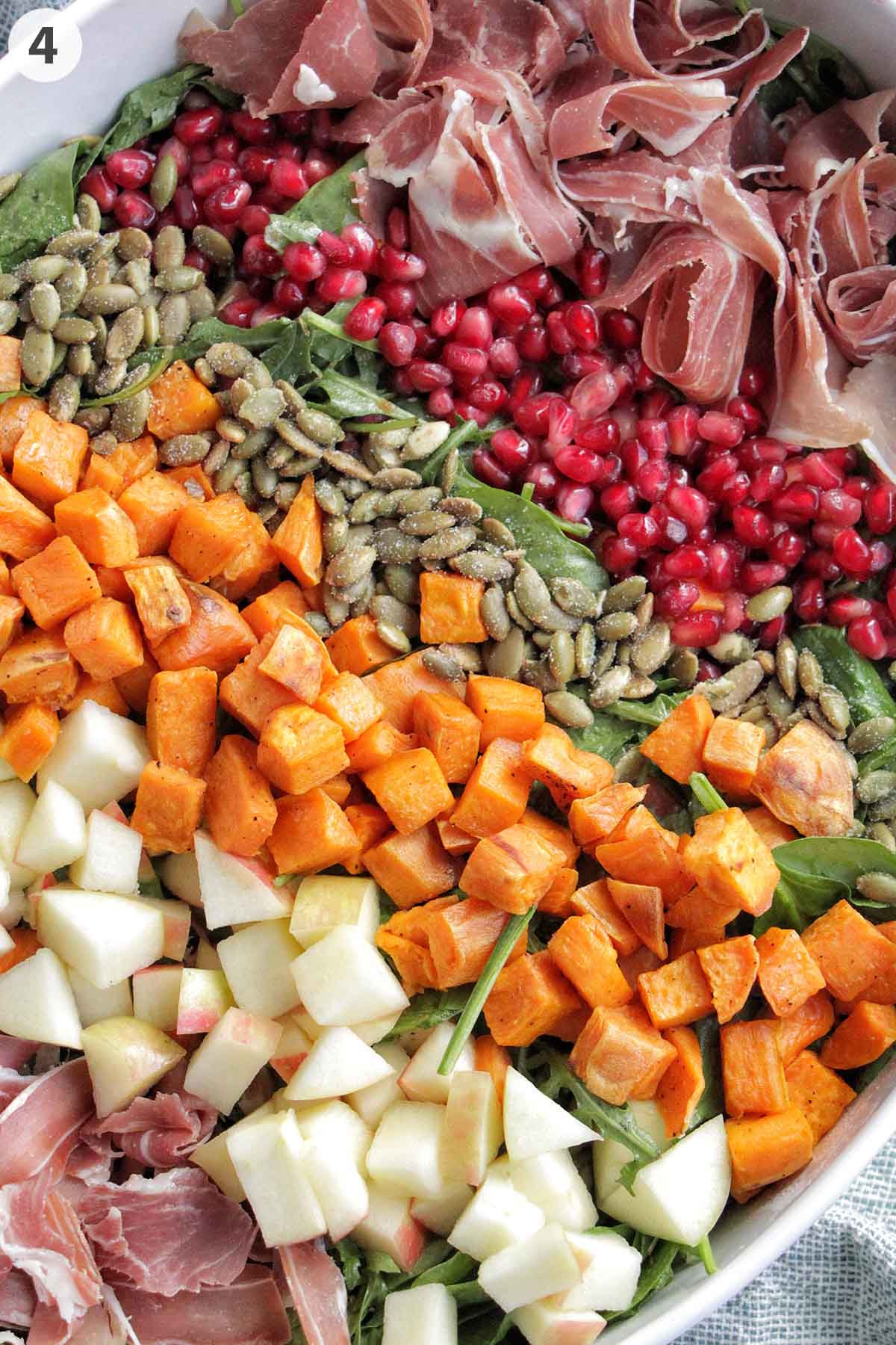 numbered photo showing layered toppings.
