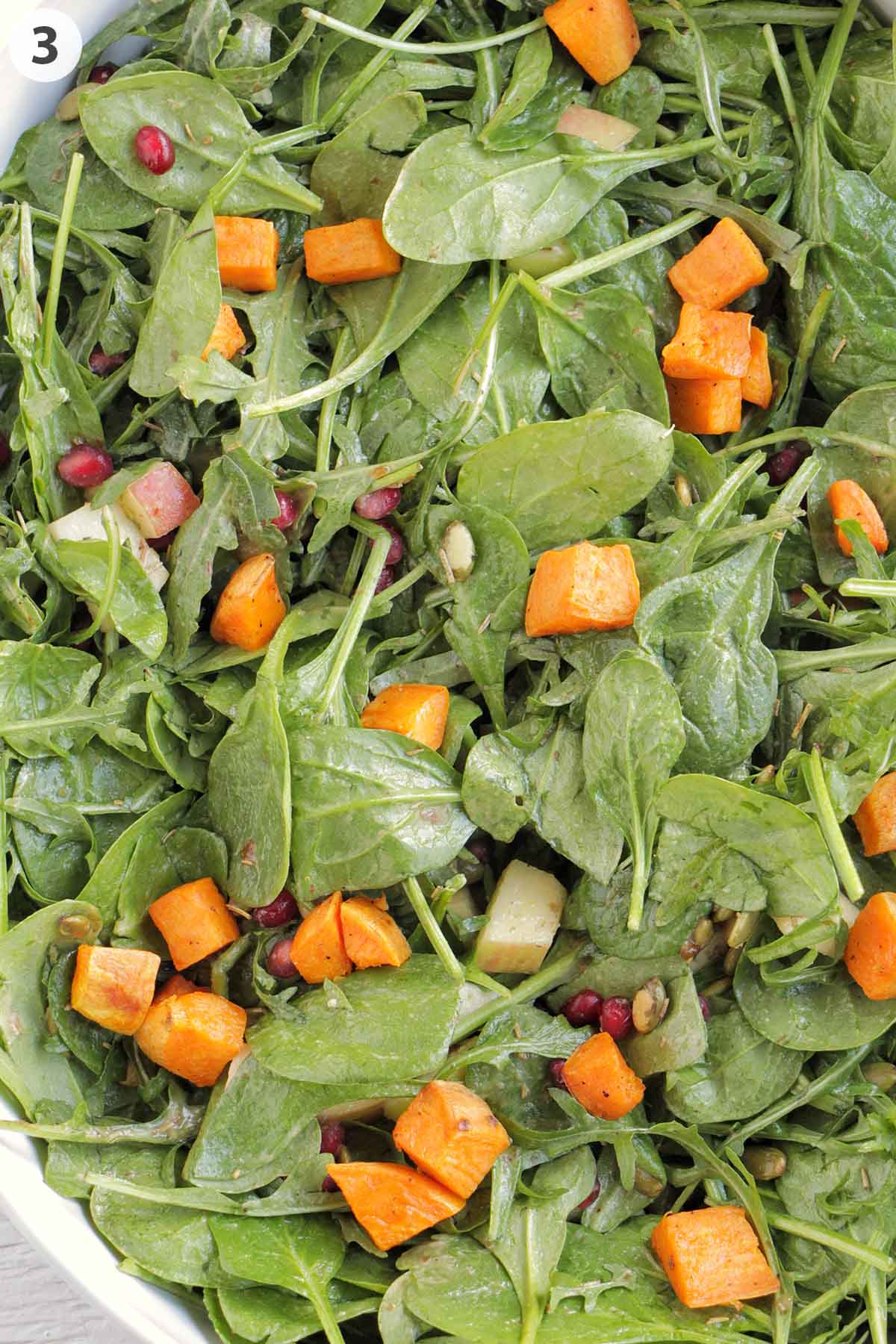 numbered photo showing mixed greens, sweet potato, and apple.