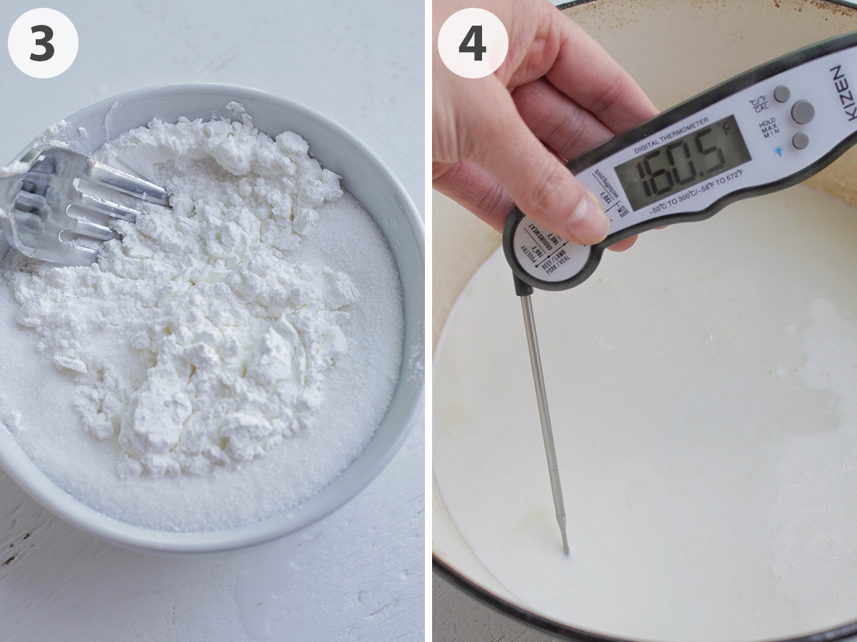 two numbered photos mixing sugar and corn starch and temping the ice cream base.