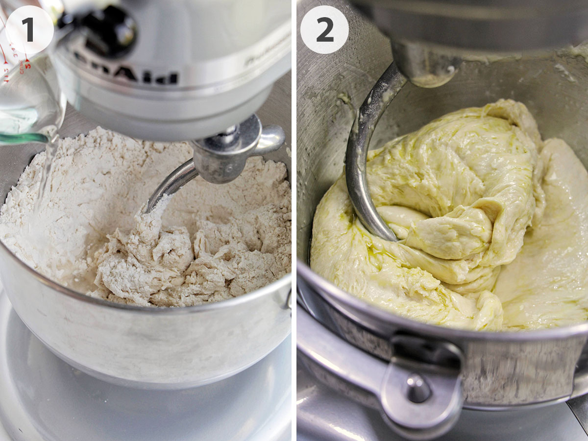 two numbered photos showing focaccia dough forming.
