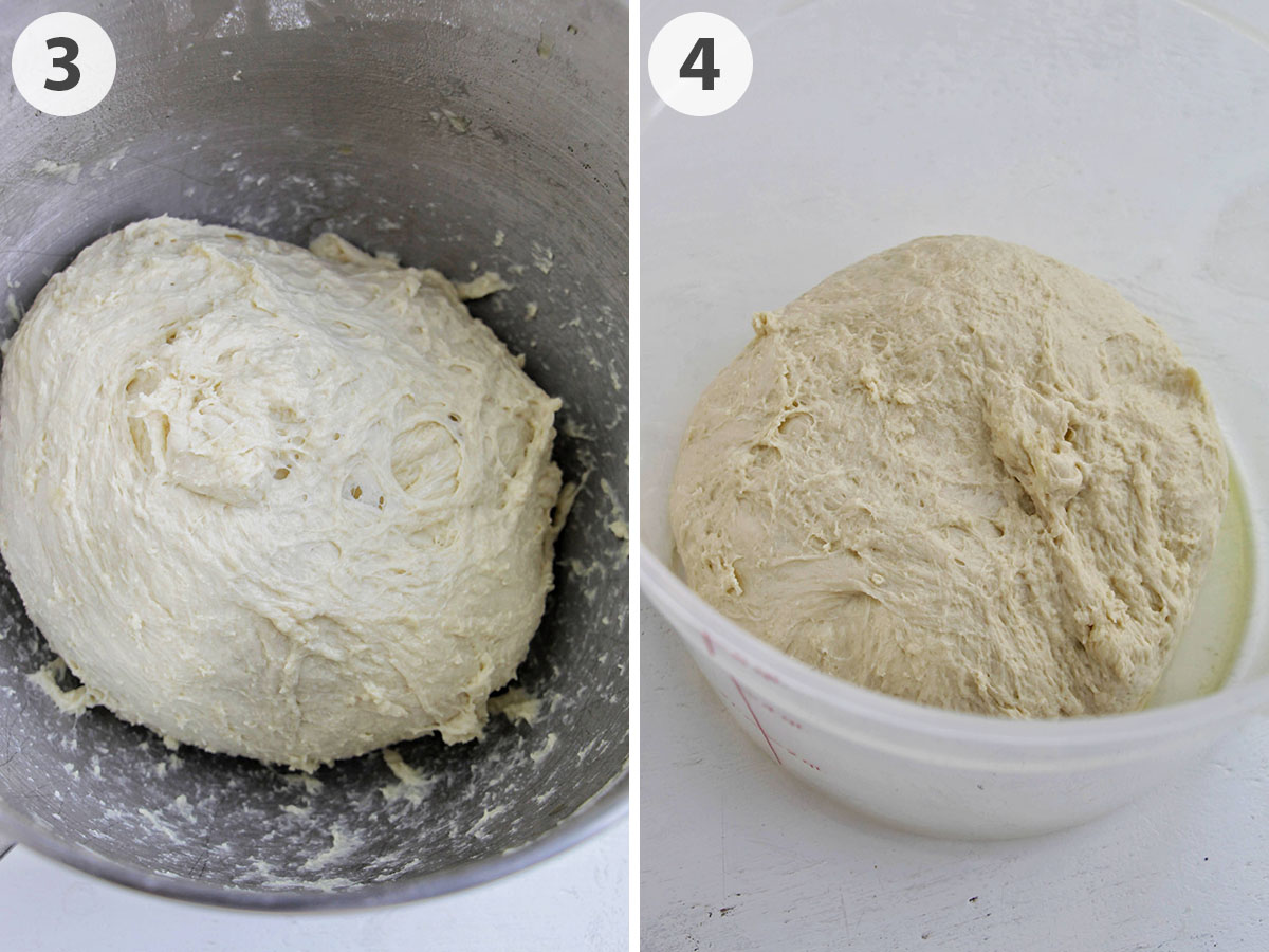 two numbered photos showing focaccia dough after mixing and before rising.