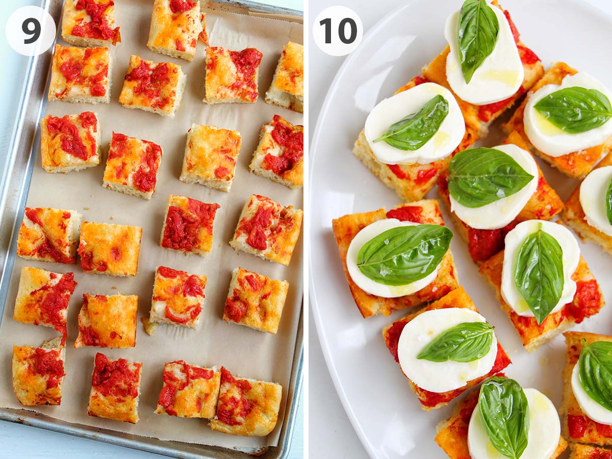two numbered photos showing slices of focaccia on baking sheet and garnished appetizer bites.