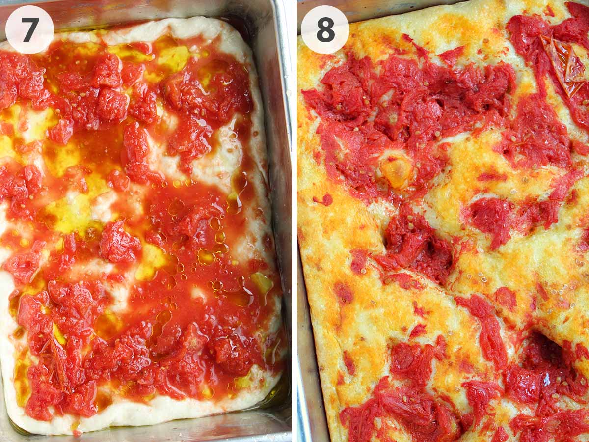 two numbered photos showing pan of unbaked and baked tomato focaccia.