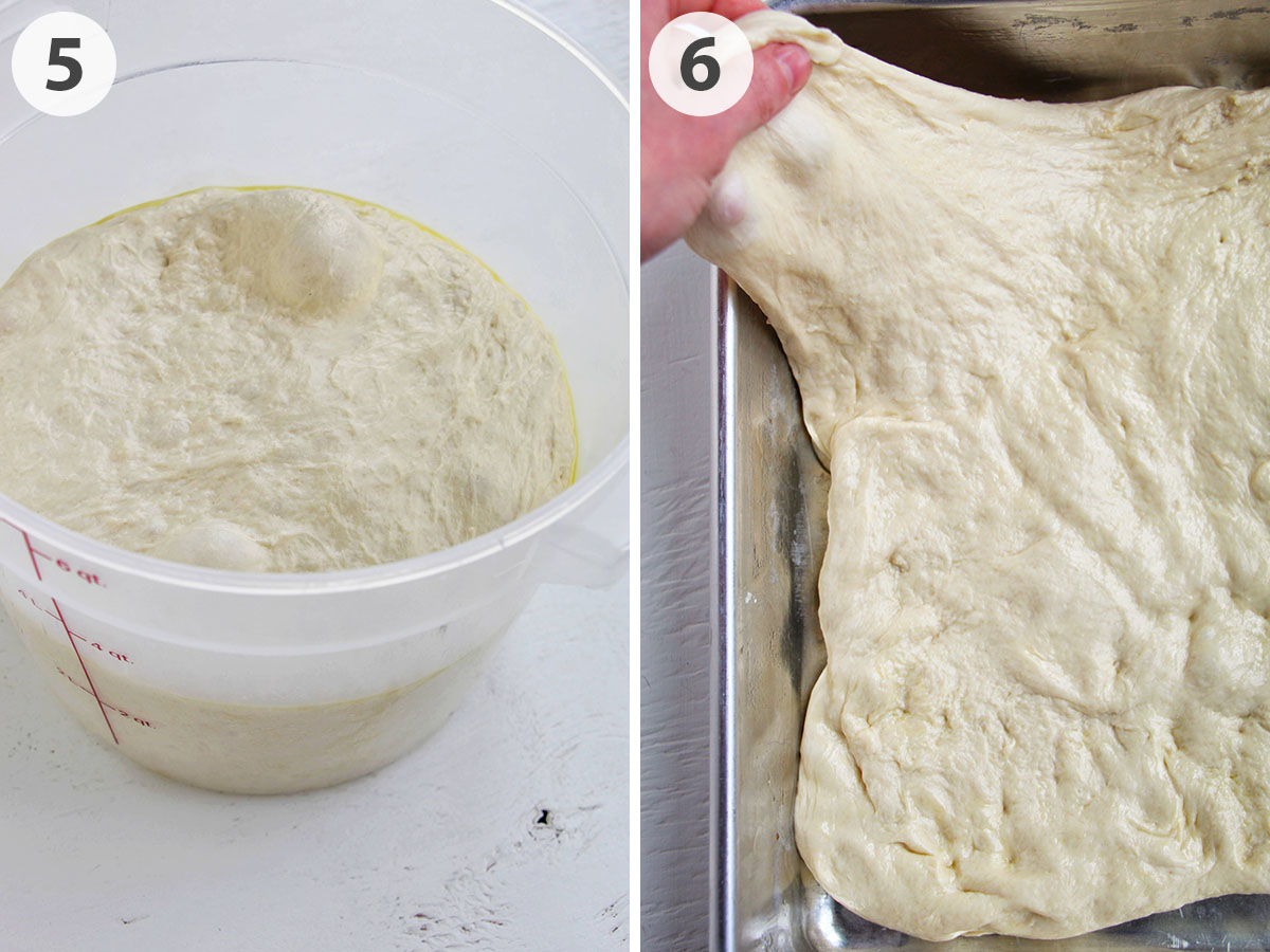 two numbered photos showing focaccia dough rising and stretching.