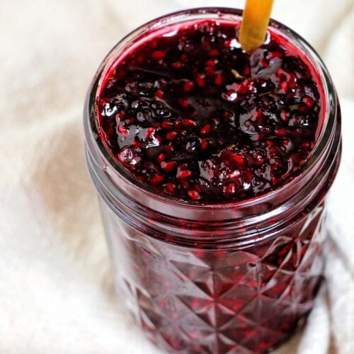 blackberry jam in a mason jar.