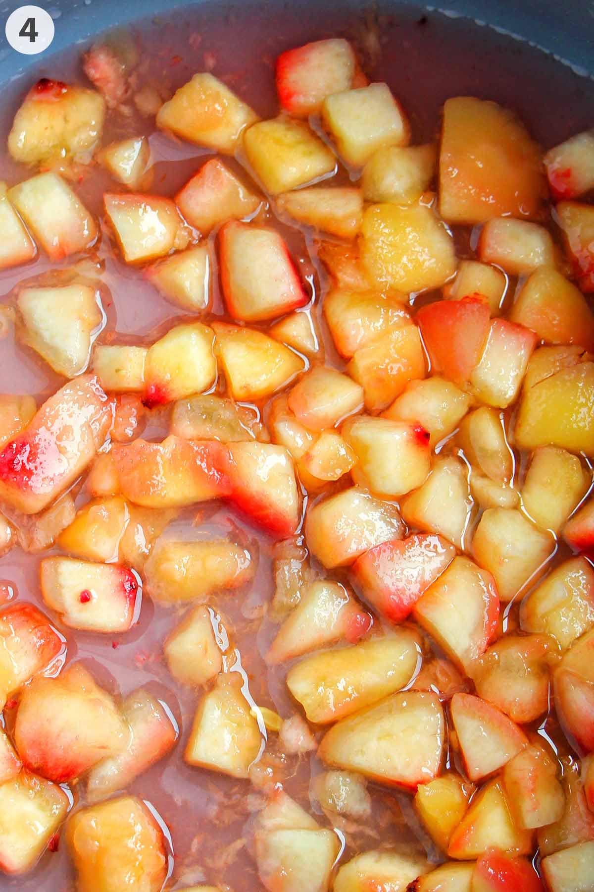 numbered photo showing nectarines cooking in a saucepan.