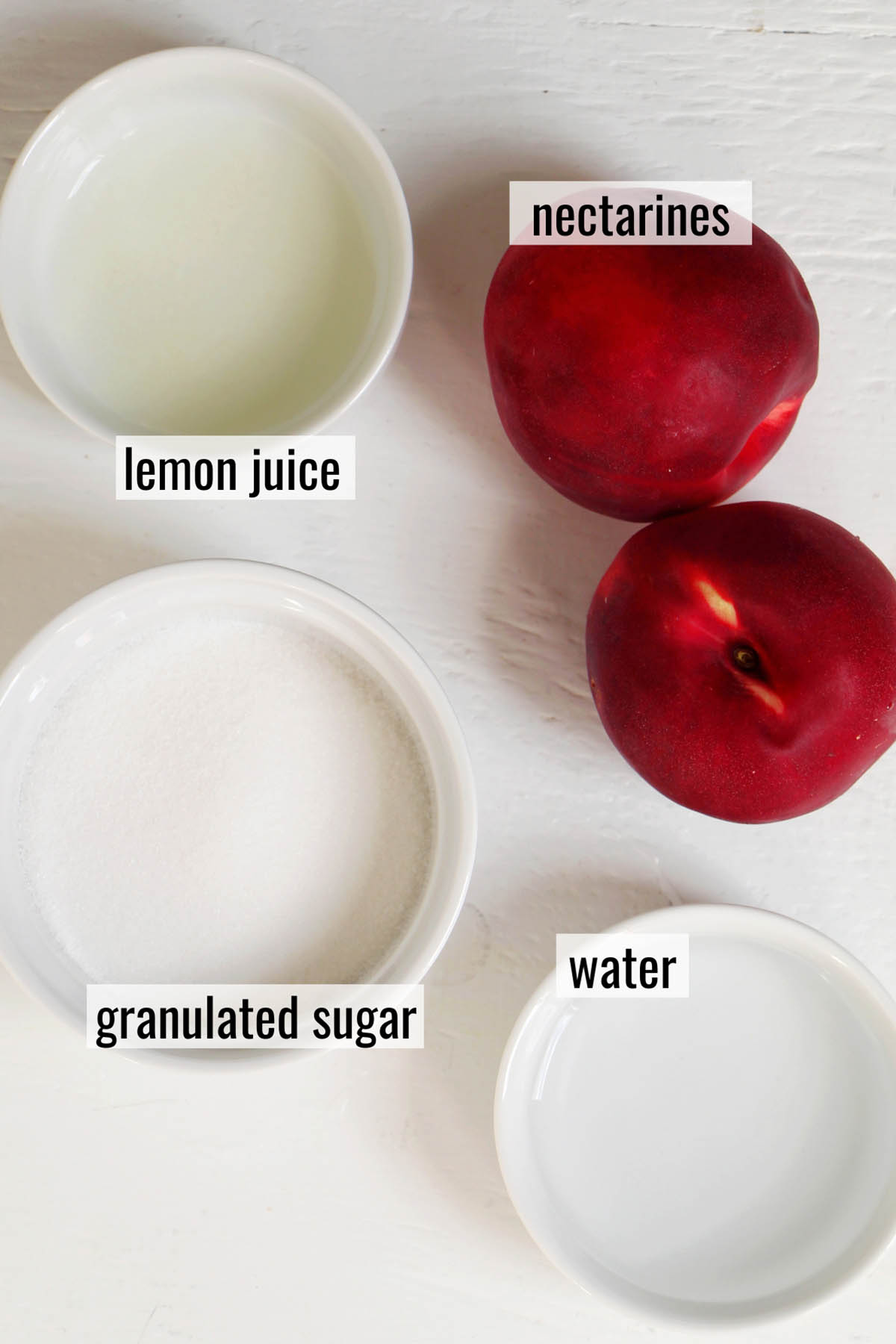 nectarine jam ingredients with labels.