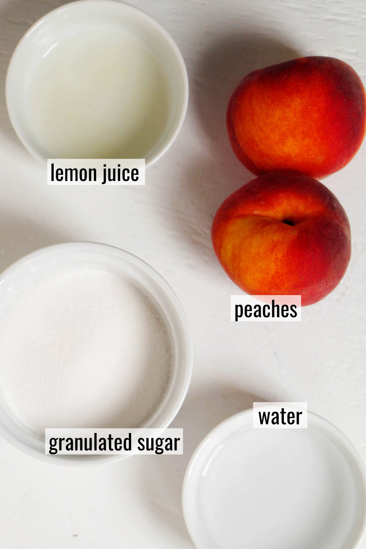 peach jam ingredients with labels.