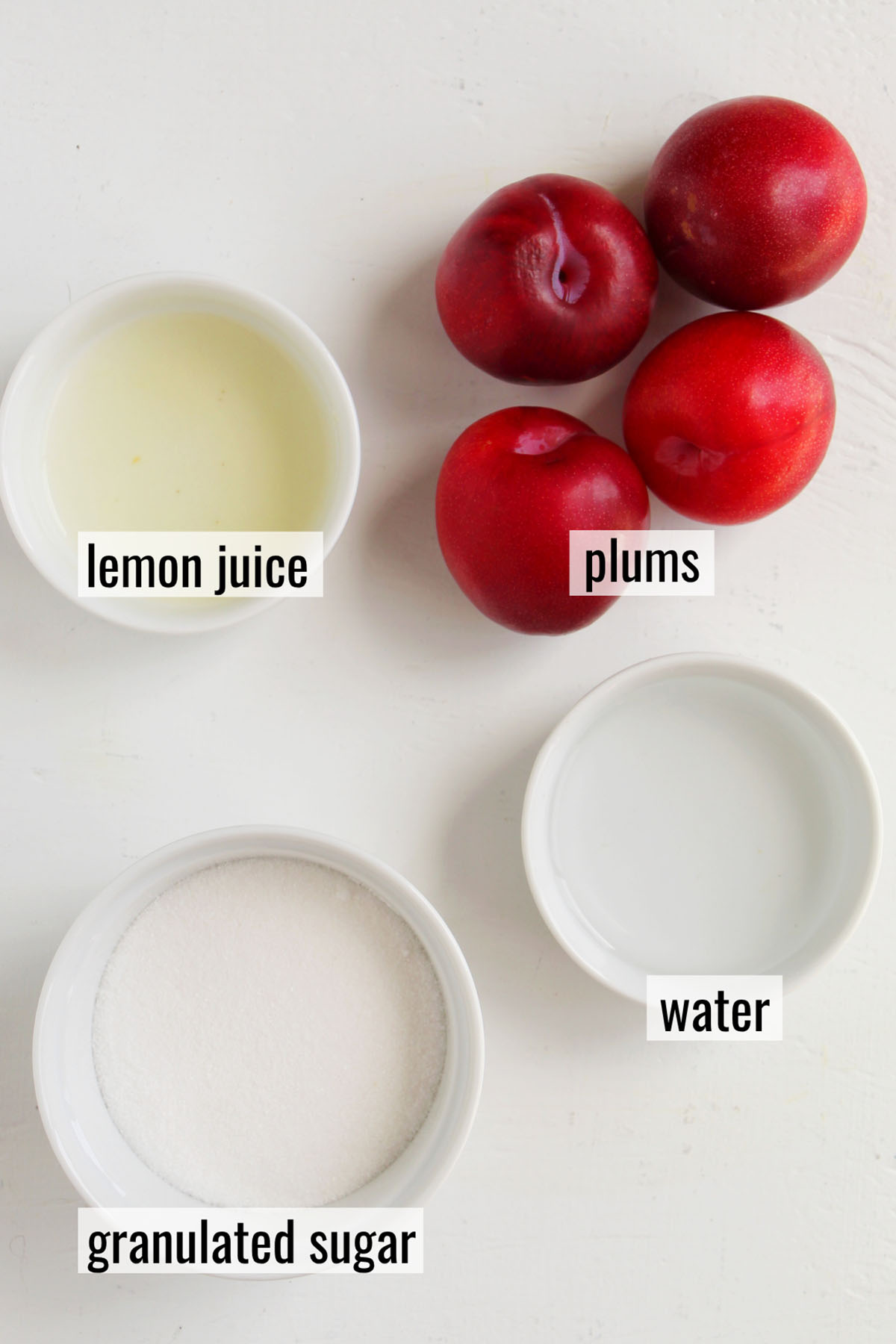 plum jam ingredients with labels.