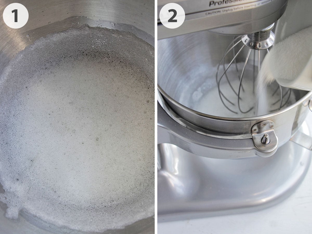 two numbered photos showing how to make meringue for macarons.