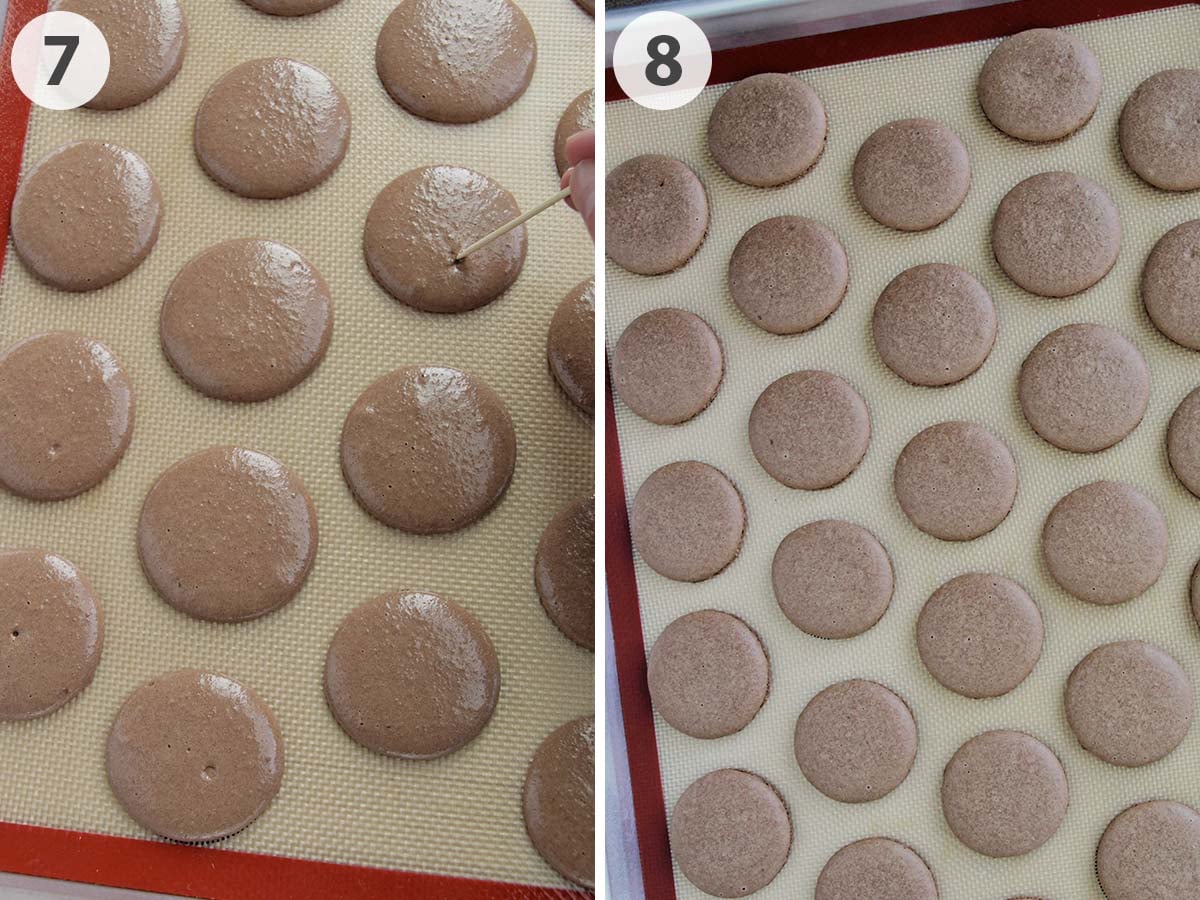 two numbered photos showing popping air bubbles on macarons and fully baked macarons.