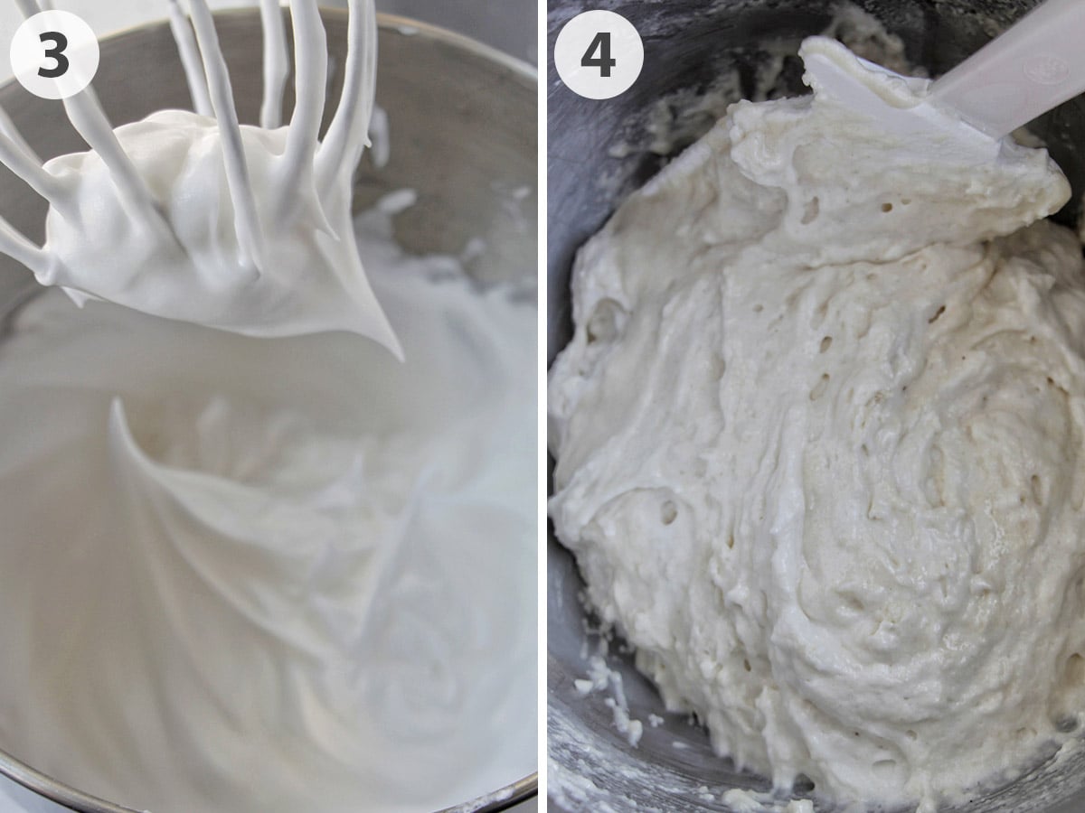 two numbered photos stiff peaked meringue and meringue mixed with almond flour.