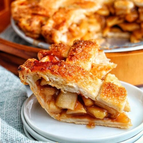 cinnamon apple pie slices on plates.