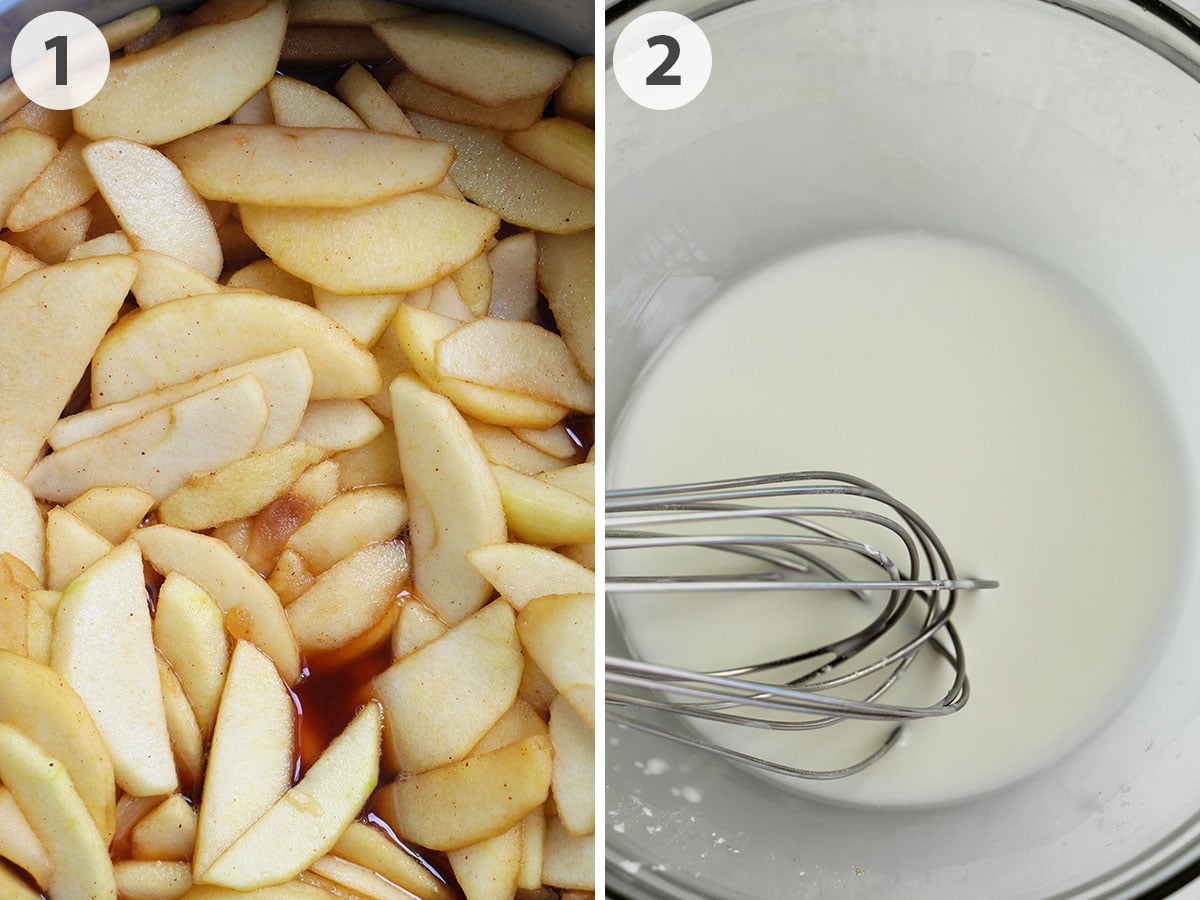 two numbered photos showing how to cook apples and thicken with corn starch.