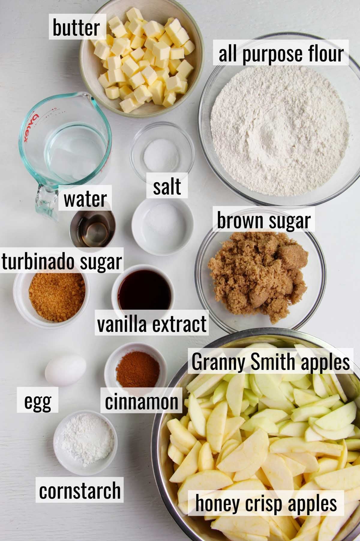 cinnamon apple pie ingredients with labels.