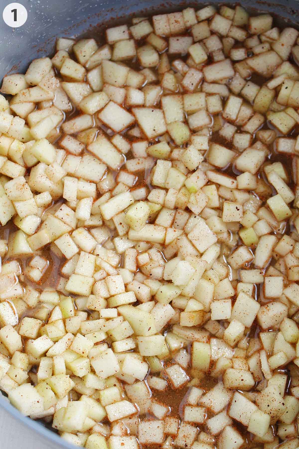 numbered photo of chopped apples and spices cooking in pot.
