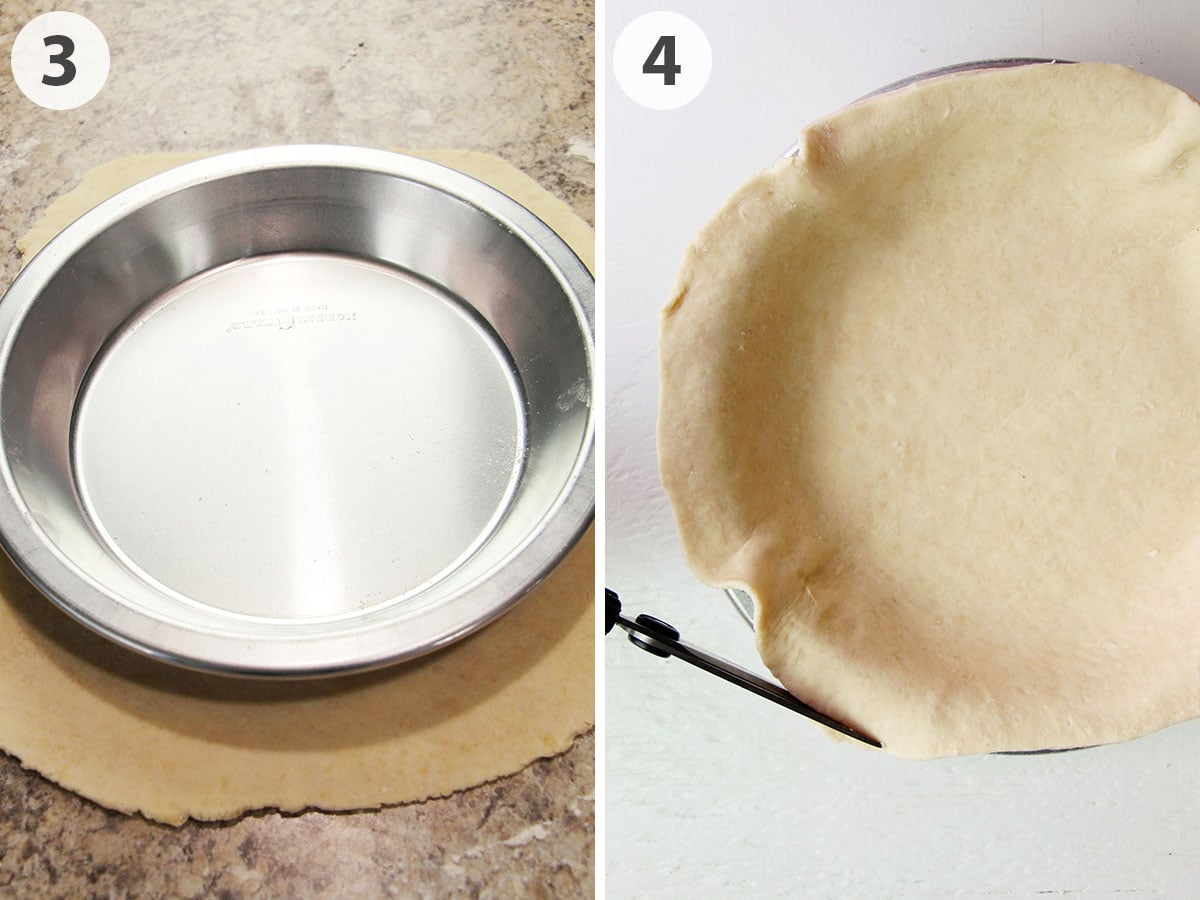 two numbered photos showing how to roll out and trim pie crust.