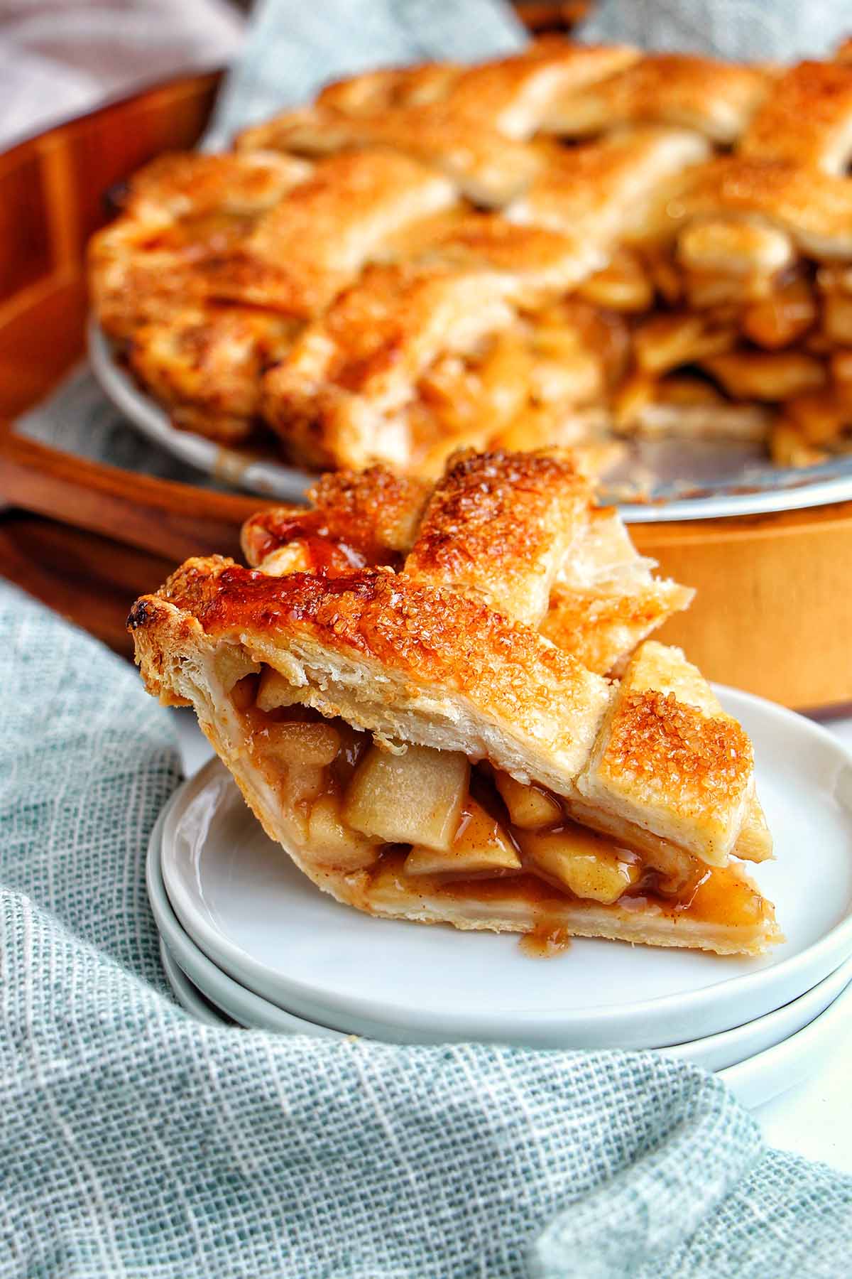 cinnamon apple pie slices on plates.
