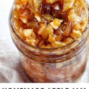 apple jam in a jar with text overlay.