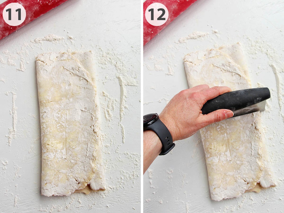 two numbered photos showing how to fold pie dough and cut in half with a bench scraper.