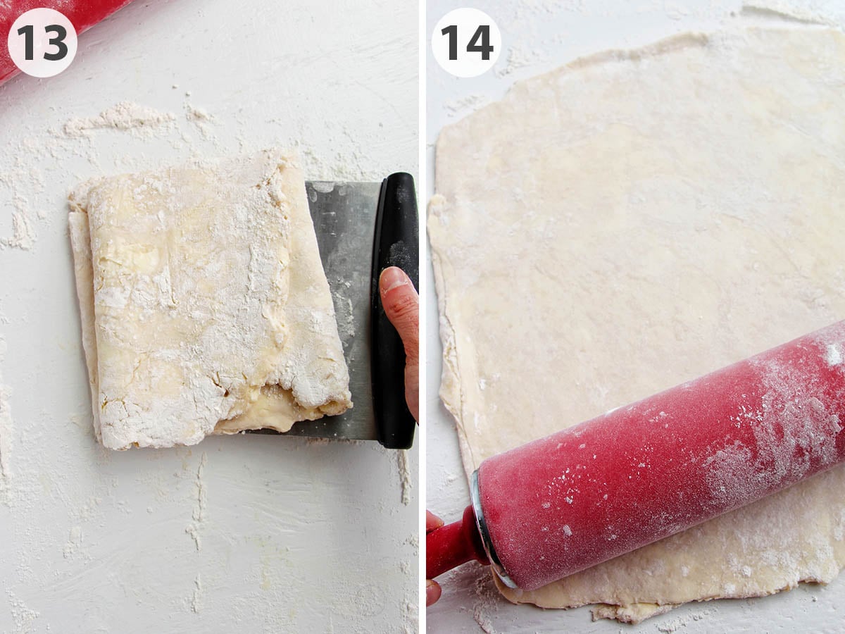two numbered photos showing how to stack pie dough and