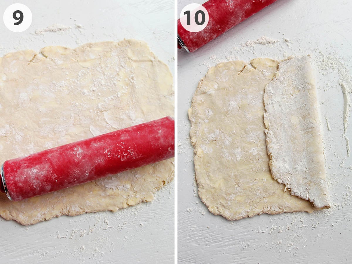 two numbered photos showing how to roll out pie dough and fold to laminate.