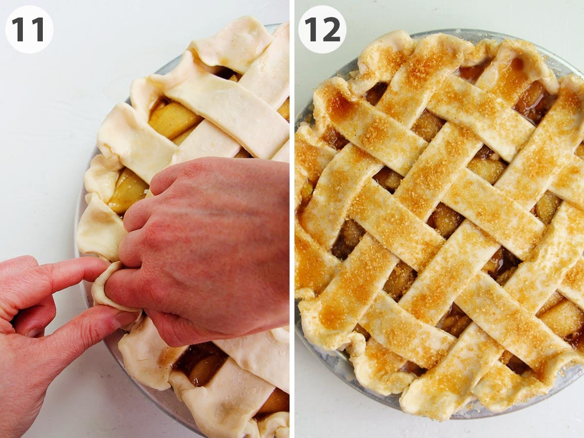 two numbered photos showing how to crimp and garnish pie crust.