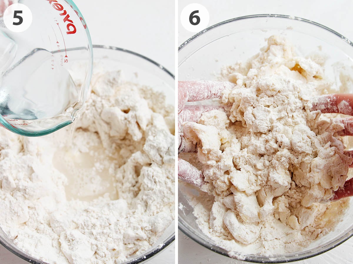 two numbered photos showing how to add water to pie dough and toss with butter and flour.