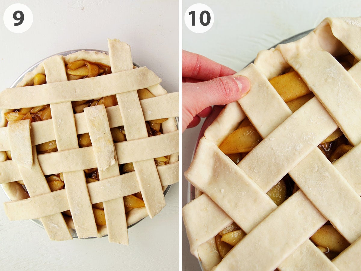 two numbered photos showing how to make a pie crust lattice.