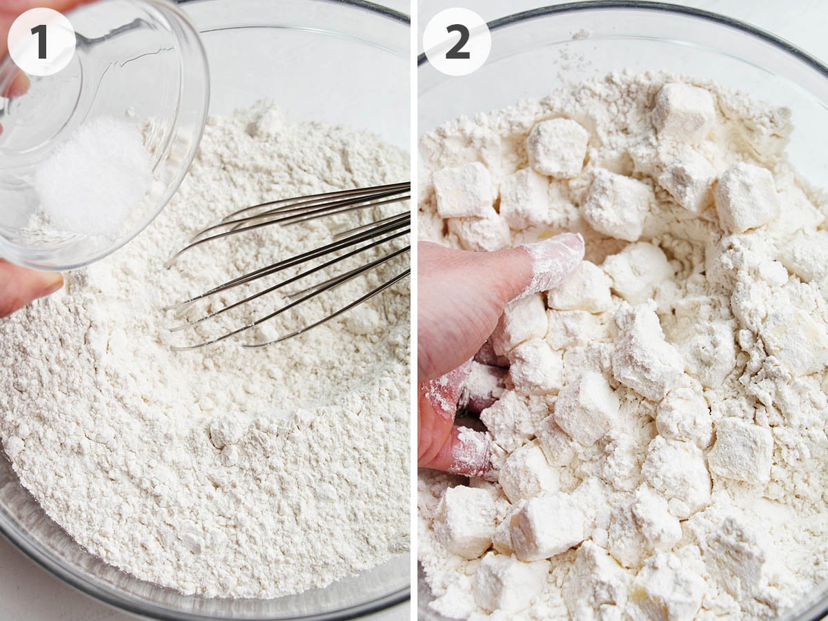 two numbered photos showing how to mix pie dough dry ingredients and coat butter cubes.