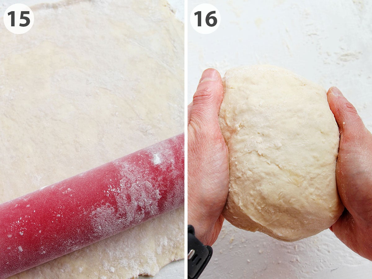 two numbered photos showing how to roll out pie dough and fold into a disc.
