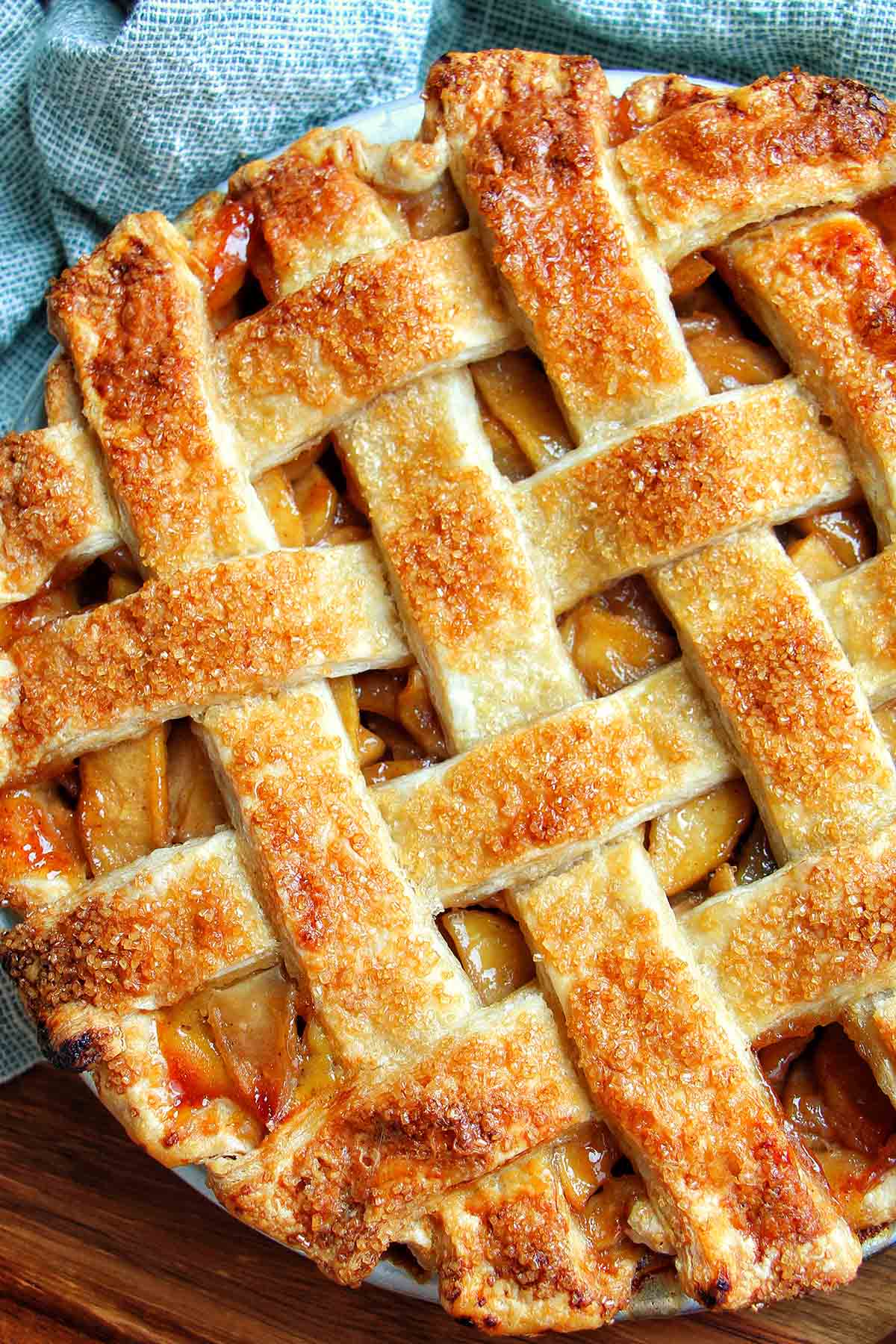 cinnamon apple pie with lattice top.