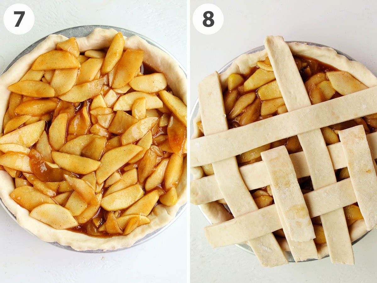 two numbered photos showing how to fill and add a lattice to apple pie.