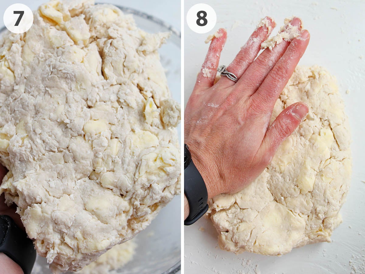 two numbered photos showing how to hydrate pie dough and shape into a rectangle.