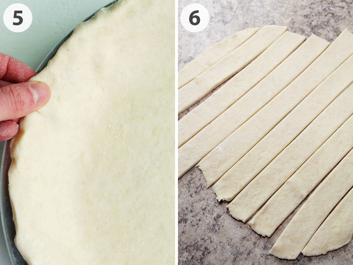 two numbered photos showing how to crimp bottom pie crust and cut a lattice.