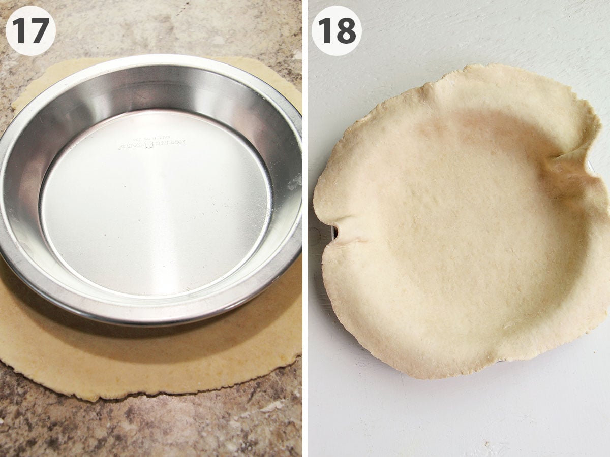 two numbered photos showing how to roll and fit pie crust into a metal pie tin.