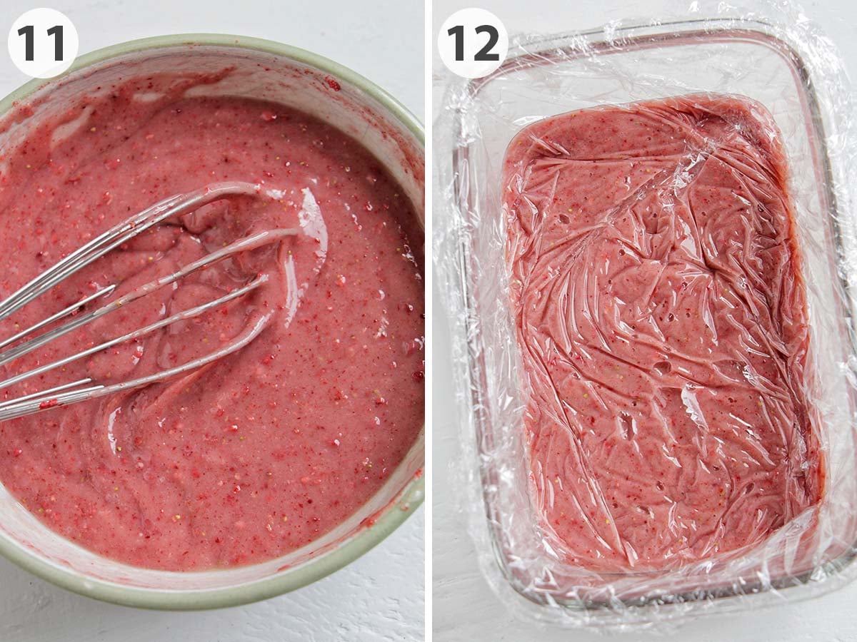 two numbered photos showing freeze dried strawberries mixed into white chocolate ganache.
